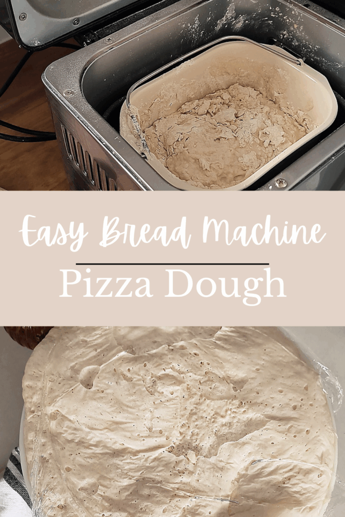 PInterest pic with two photographs. One shows the dough mixing in a bread machine and the second is a slice of pizza. The overlaid text says 'Easy Bread Machine Pizza Dough'