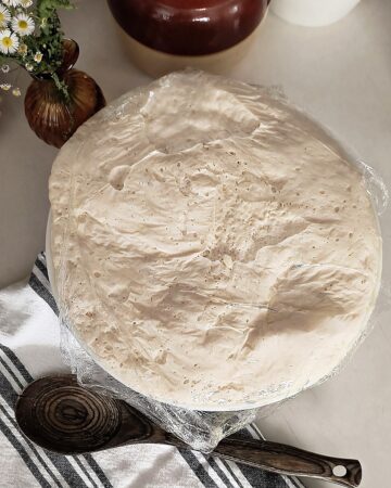 Bowl of pizza dough rising with a vase of wildflowers beside it and a kitchen towel with wood spoon on the other side.