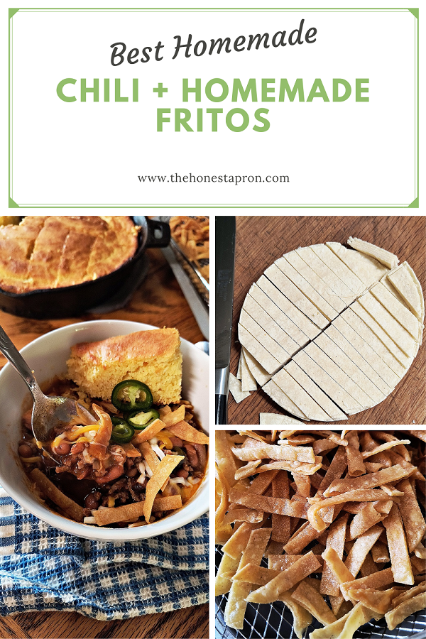 Collage of photos for Best Homemade Chili and homemade fritos recipe blog post. First photo is a bowl of chili with toppings, second is corn tortillas sliced, 3rd is crispy homemade fritos draining on a straining rack